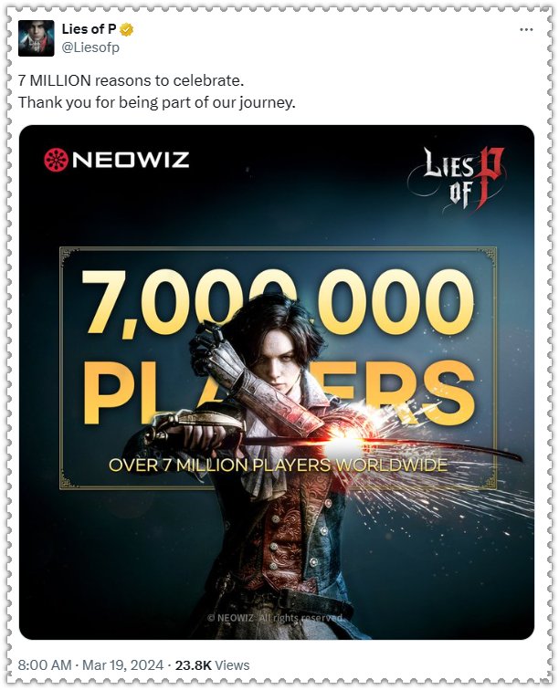 《匹诺曹的谎言》官方宣布全球累计玩家数破700万！